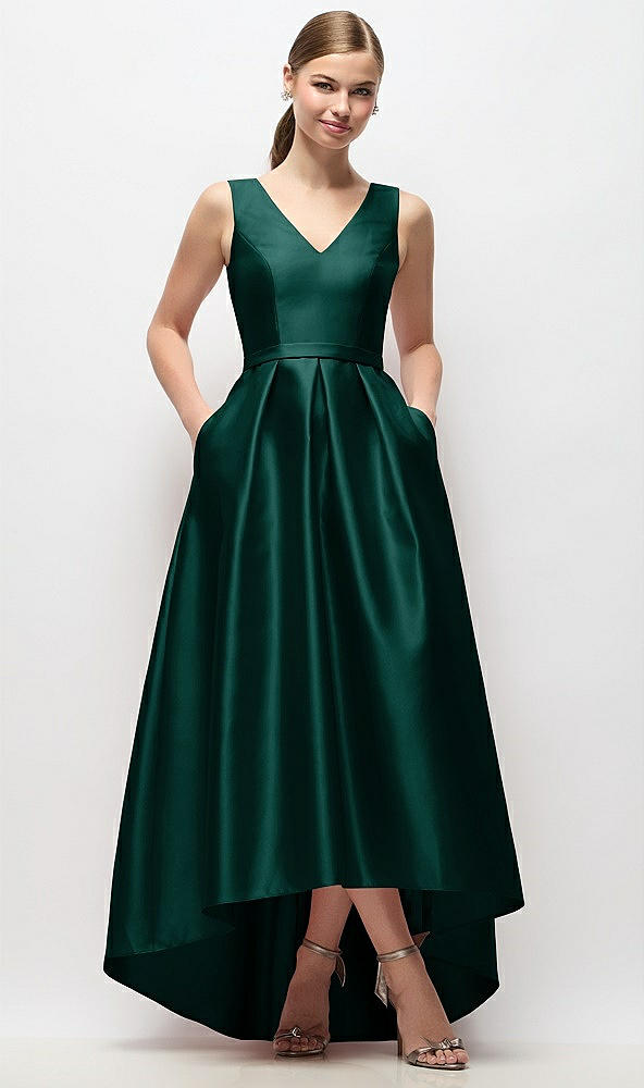 Front View - Evergreen Sleeveless Pleated Skirt High Low Dress with Pockets