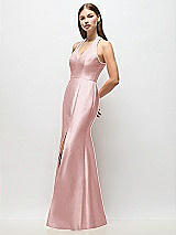 Side View Thumbnail - Ballet Pink V-Neck Halter Satin Trumpet Gown