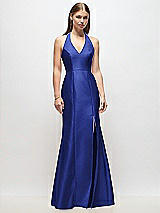 Front View Thumbnail - Cobalt Blue V-Neck Halter Satin Trumpet Gown