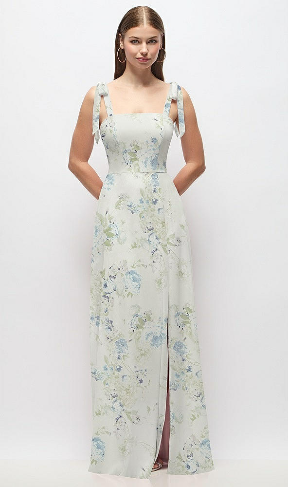 Front View - Bleu Garden Tie-Shoulder Chiffon Maxi Dress with Front Slit
