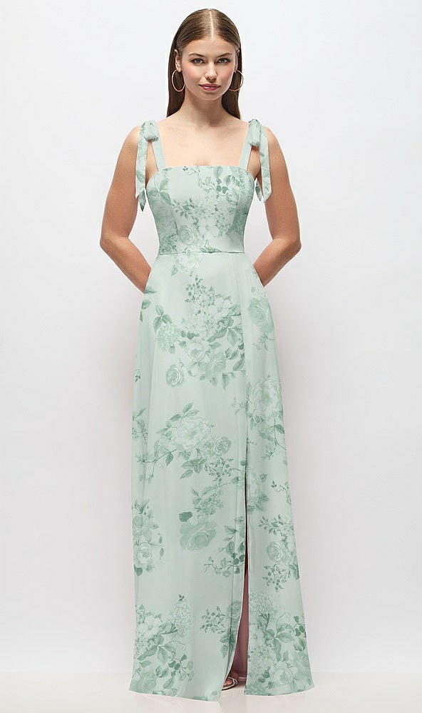 Front View - Mint Green Floral Tie-Shoulder Chiffon Maxi Dress with Front Slit