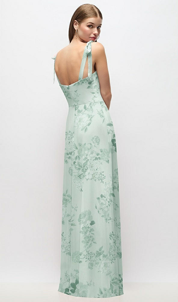 Back View - Mint Green Floral Tie-Shoulder Chiffon Maxi Dress with Front Slit