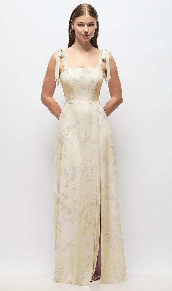 Front View - Butter Yellow Floral Tie-Shoulder Chiffon Maxi Dress with Front Slit