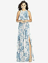 Front View Thumbnail - Cottage Rose Dusk Blue Shirred Skirt Jewel Neck Halter Dress with Front Slit