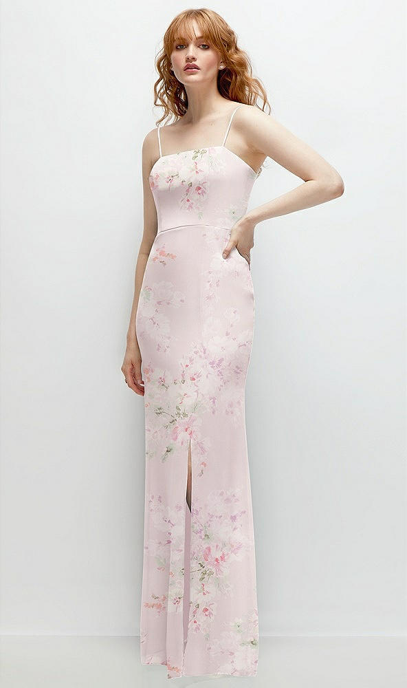 Back View - Watercolor Print Tie-Back Cutout Trumpet Gown with Front Slit