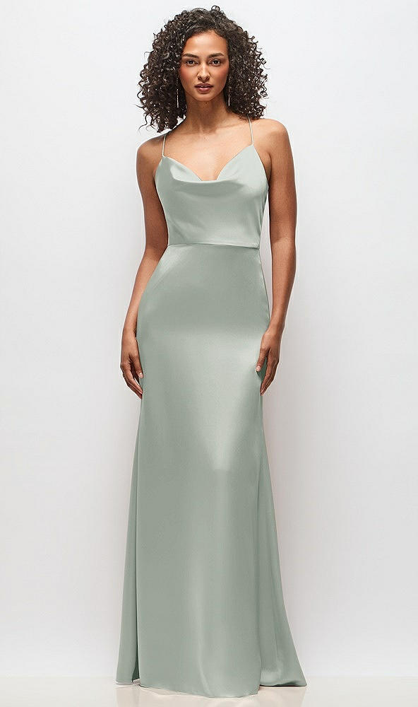 Front View - Willow Green Cowl-Neck Criss Cross Back Slip Dress