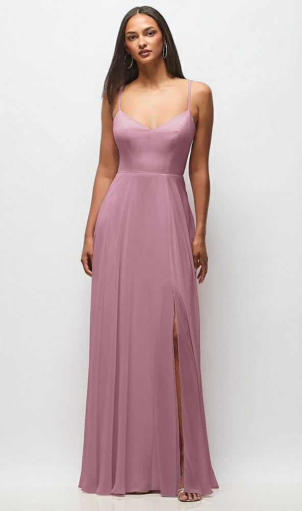Front View - Dusty Pink Tie-Back Cutout Maxi Dress with Front Slit