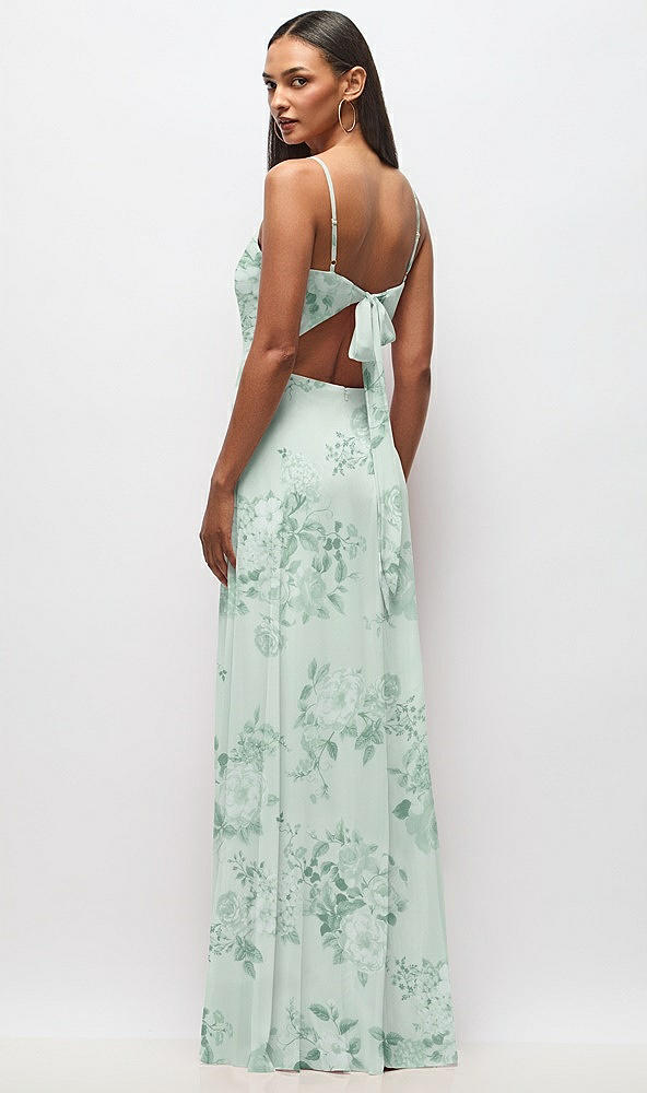 Back View - Mint Green Floral Tie-Back Cutout Maxi Dress with Front Slit