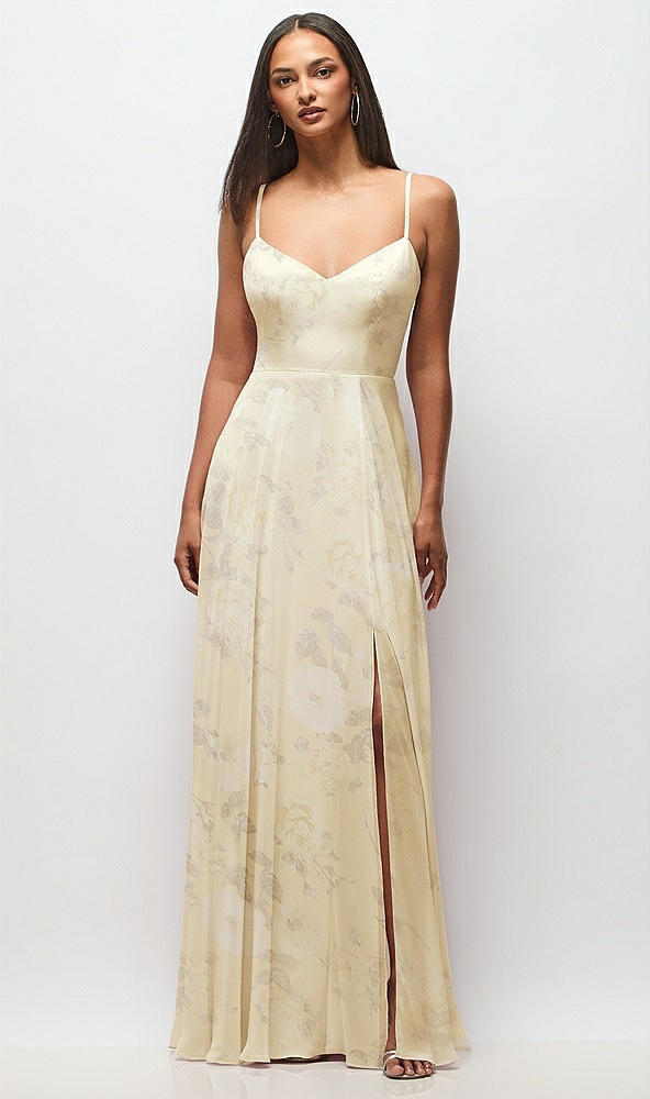 Front View - Butter Yellow Floral Tie-Back Cutout Maxi Dress with Front Slit