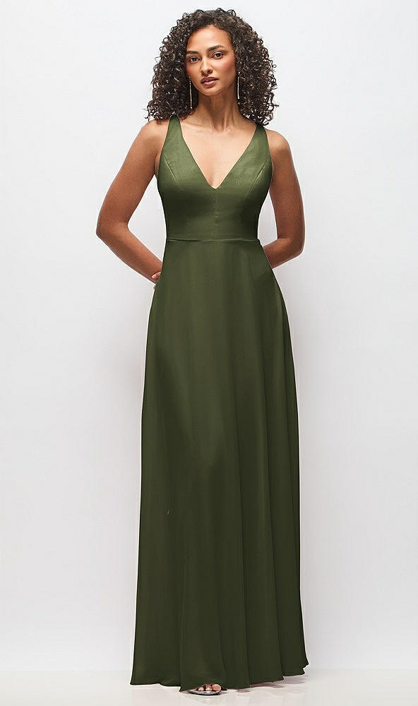 Front View - Olive Green Deep V-Neck Chiffon Maxi Dress