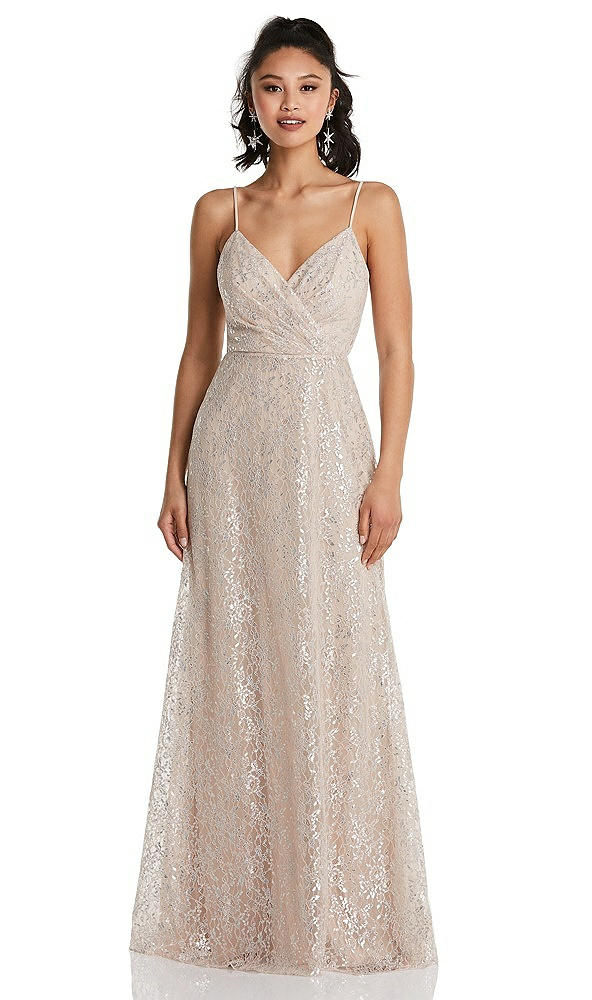 Front View - Cameo Draped Wrap Bodice Metallic Lace Maxi Dress