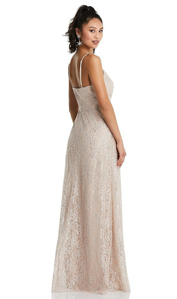 Back View - Cameo Draped Wrap Bodice Metallic Lace Maxi Dress