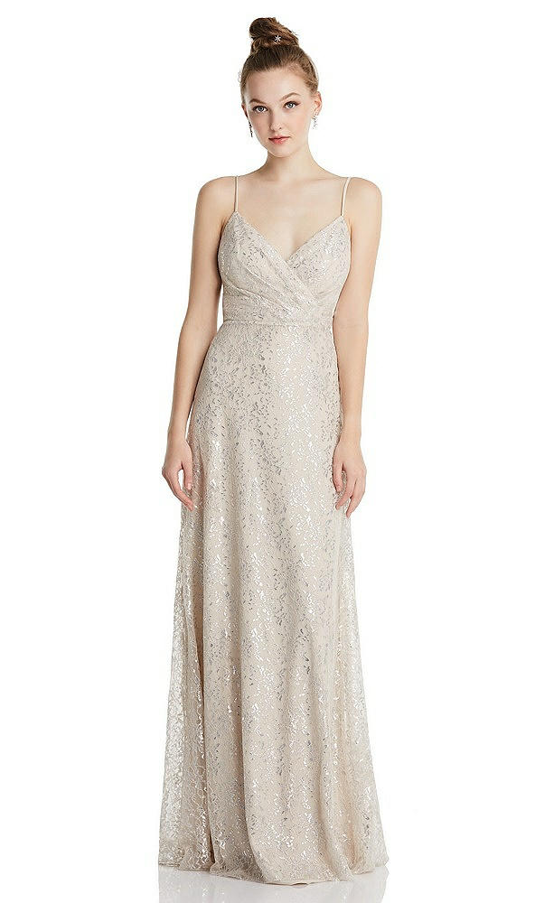 Front View - Champagne Draped Wrap Bodice Metallic Lace Maxi Dress