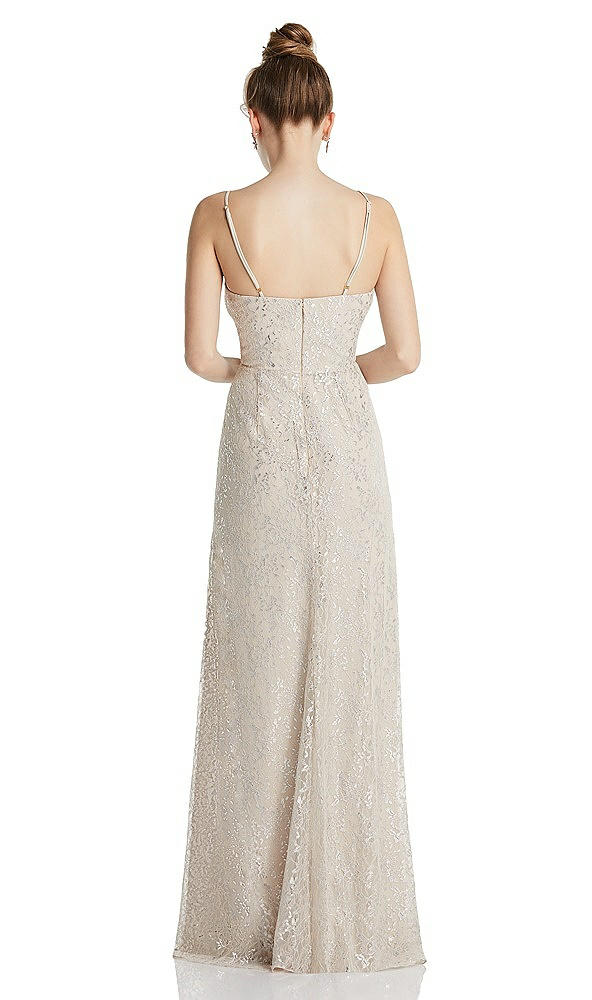 Back View - Champagne Draped Wrap Bodice Metallic Lace Maxi Dress