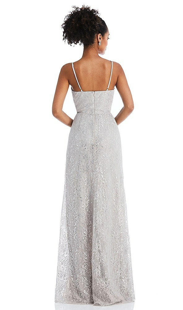 Back View - Oyster Draped Wrap Bodice Metallic Lace Maxi Dress