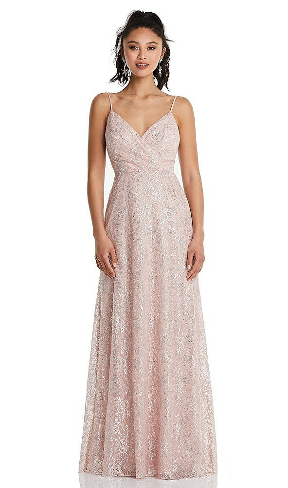 Front View - Rose Draped Wrap Bodice Metallic Lace Maxi Dress
