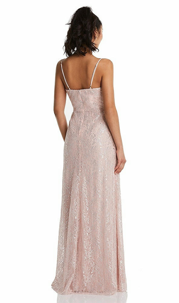 Back View - Rose Draped Wrap Bodice Metallic Lace Maxi Dress