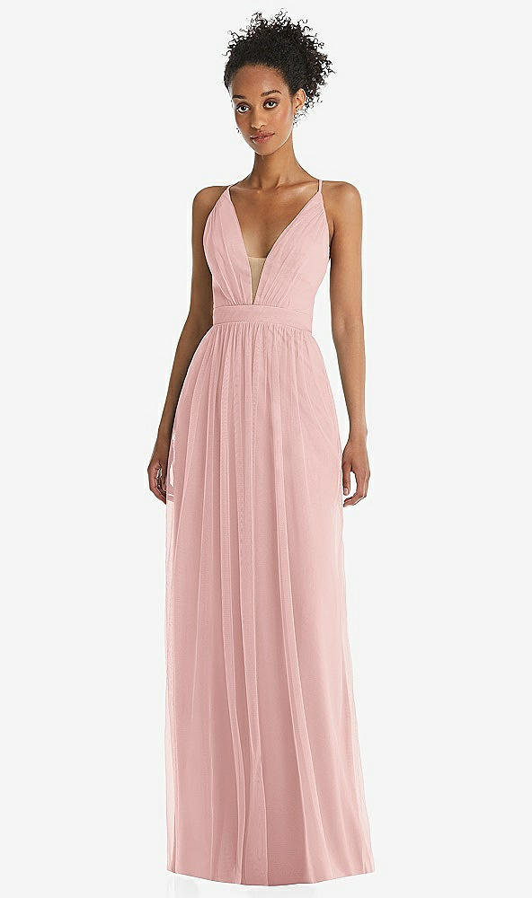 Front View - Rose & Light Nude Illusion Deep V-Neck Tulle Maxi Dress with Adjustable Straps