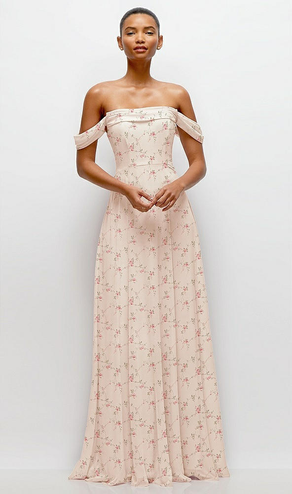 Front View - Coquette Floral Print Off-the-Shoulder Draped Neckline Maxi Dress