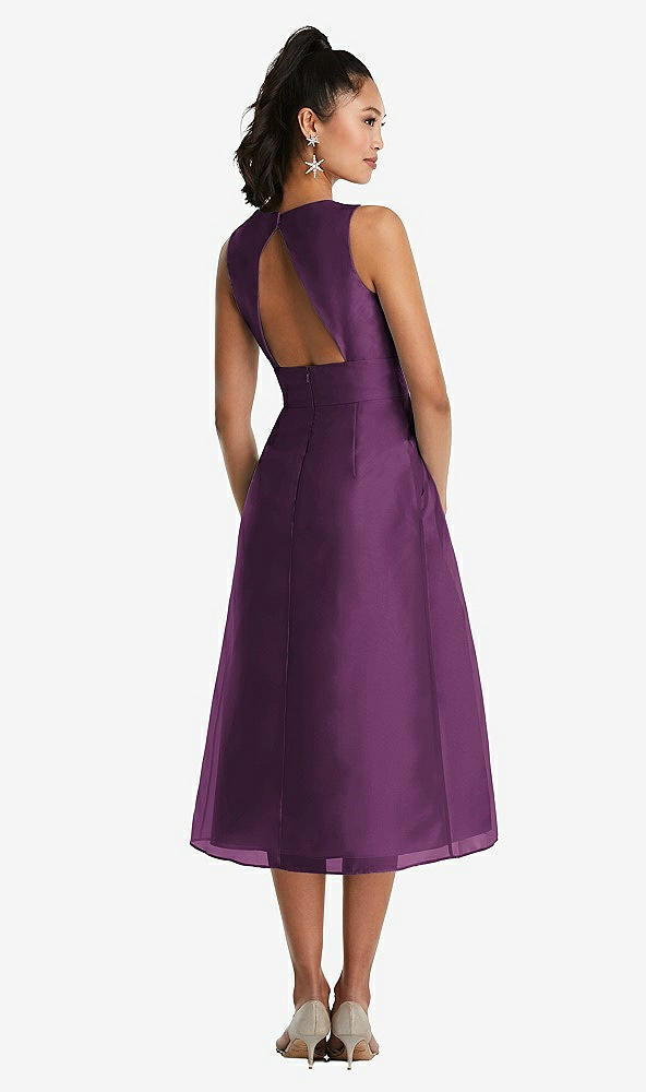 Back View - Aubergine Bateau Neck Open-Back Pleated Skirt Midi Dress