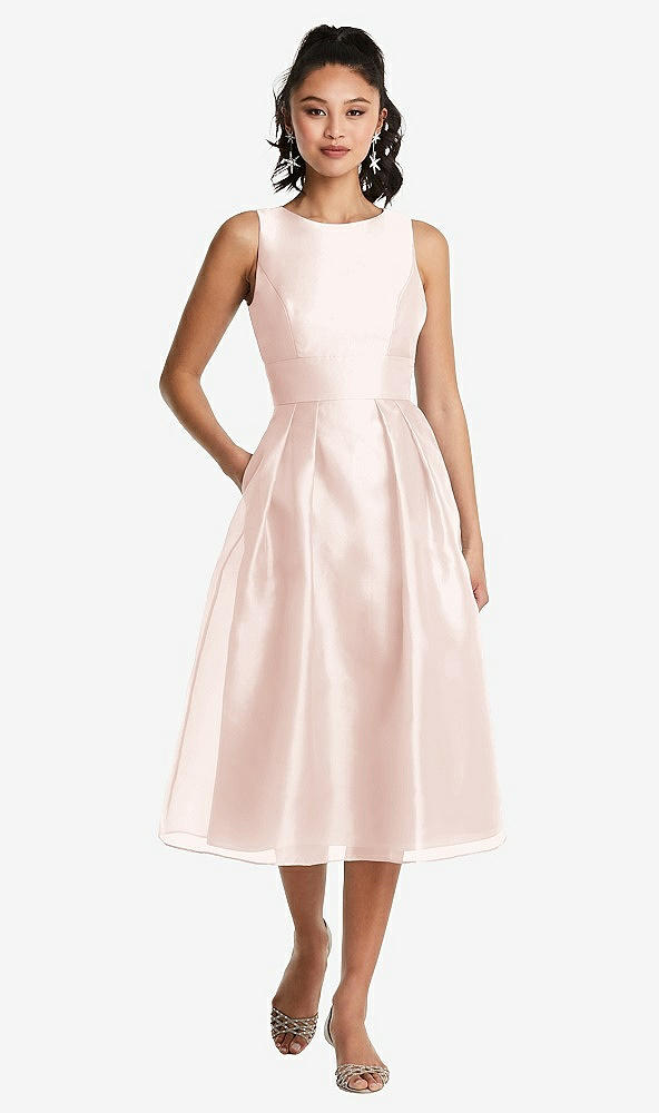 Front View - Blush Bateau Neck Open-Back Pleated Skirt Midi Dress