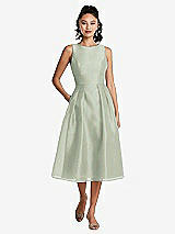 Front View Thumbnail - Celadon Bateau Neck Open-Back Pleated Skirt Midi Dress