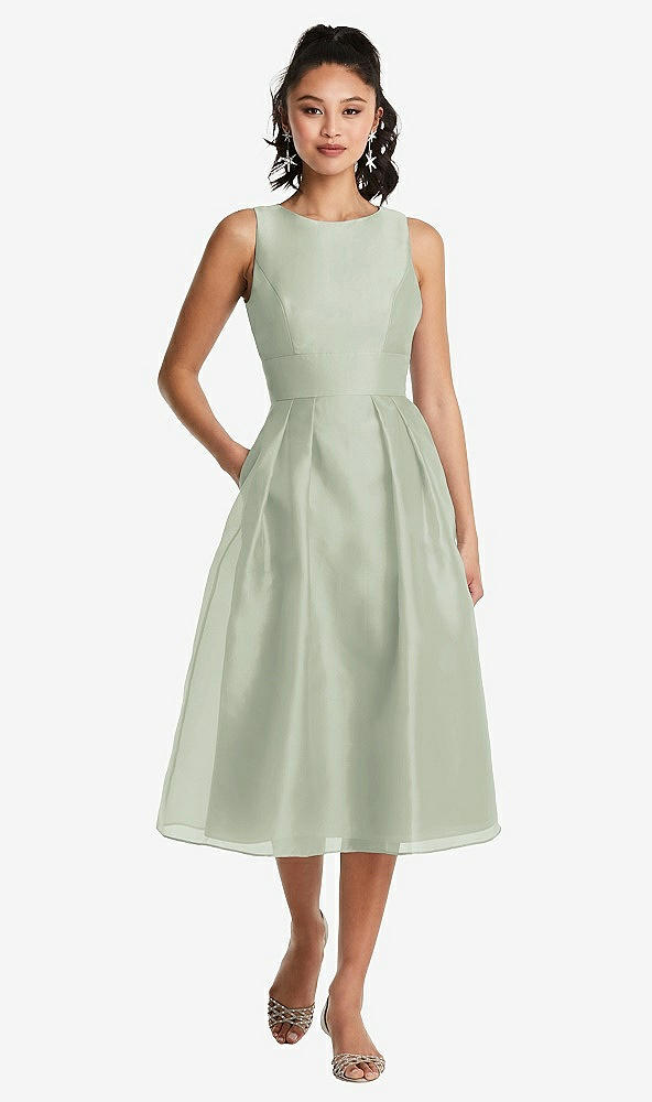 Front View - Celadon Bateau Neck Open-Back Pleated Skirt Midi Dress