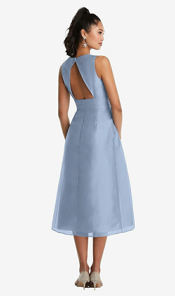 Back View - Cloudy Bateau Neck Open-Back Pleated Skirt Midi Dress