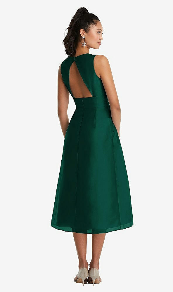 Back View - Hunter Green Bateau Neck Open-Back Pleated Skirt Midi Dress