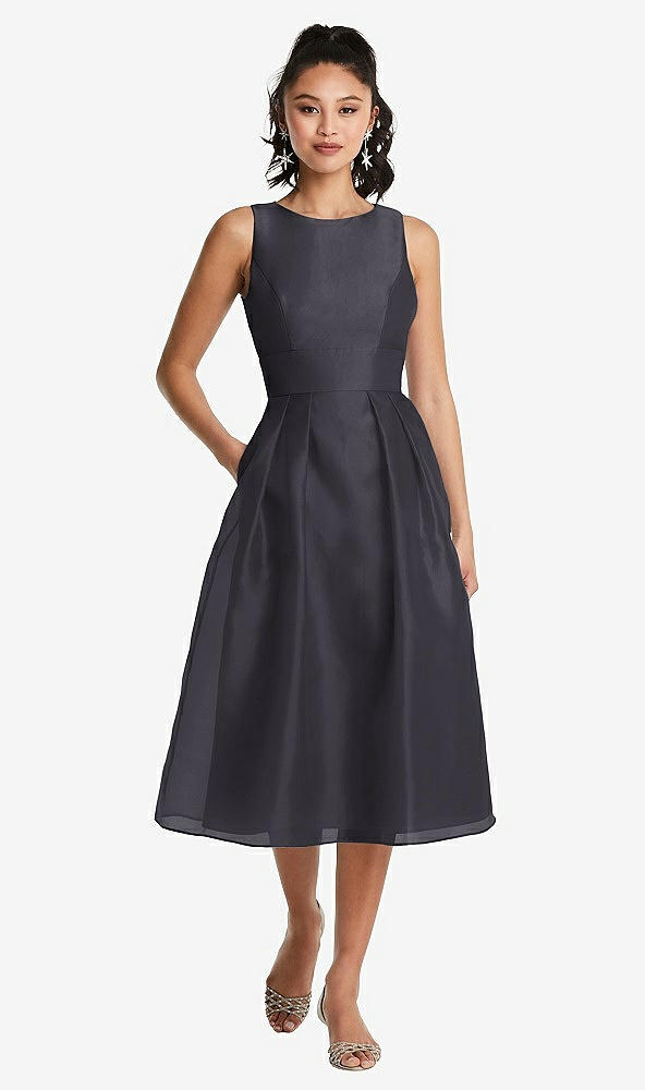 Front View - Onyx Bateau Neck Open-Back Pleated Skirt Midi Dress