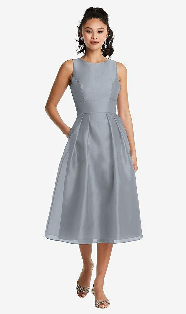 Front View - Platinum Bateau Neck Open-Back Pleated Skirt Midi Dress