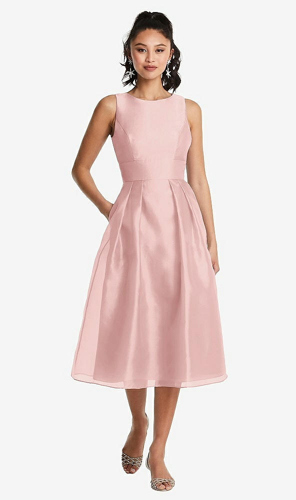 Front View - Rose Bateau Neck Open-Back Pleated Skirt Midi Dress