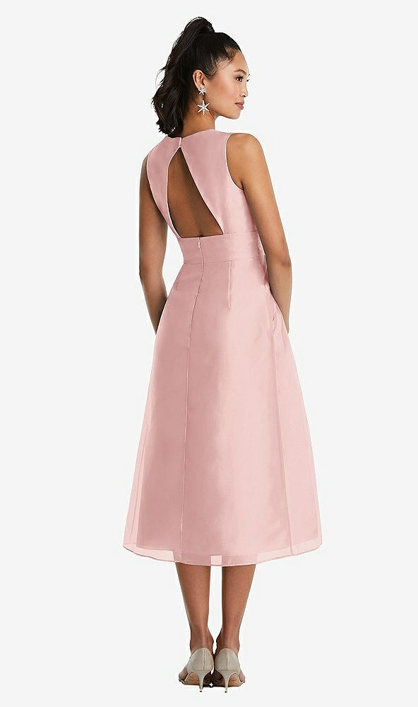 Back View - Rose Bateau Neck Open-Back Pleated Skirt Midi Dress
