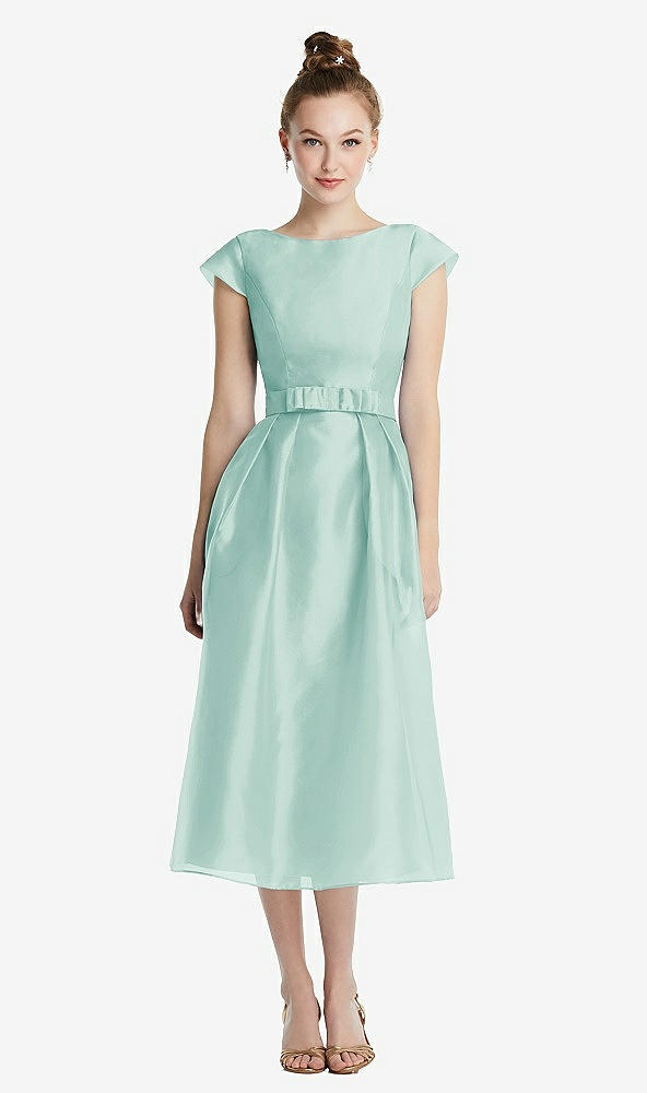 Front View - Coastal Cap Sleeve Pleated Skirt Midi Dress with Bowed Waist