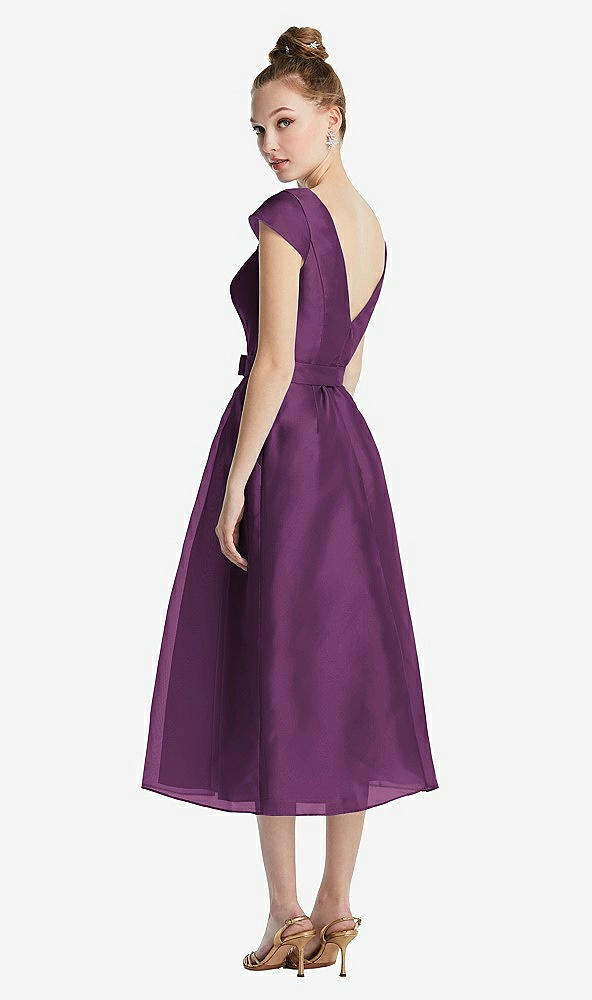 Back View - Aubergine Cap Sleeve Pleated Skirt Midi Dress with Bowed Waist