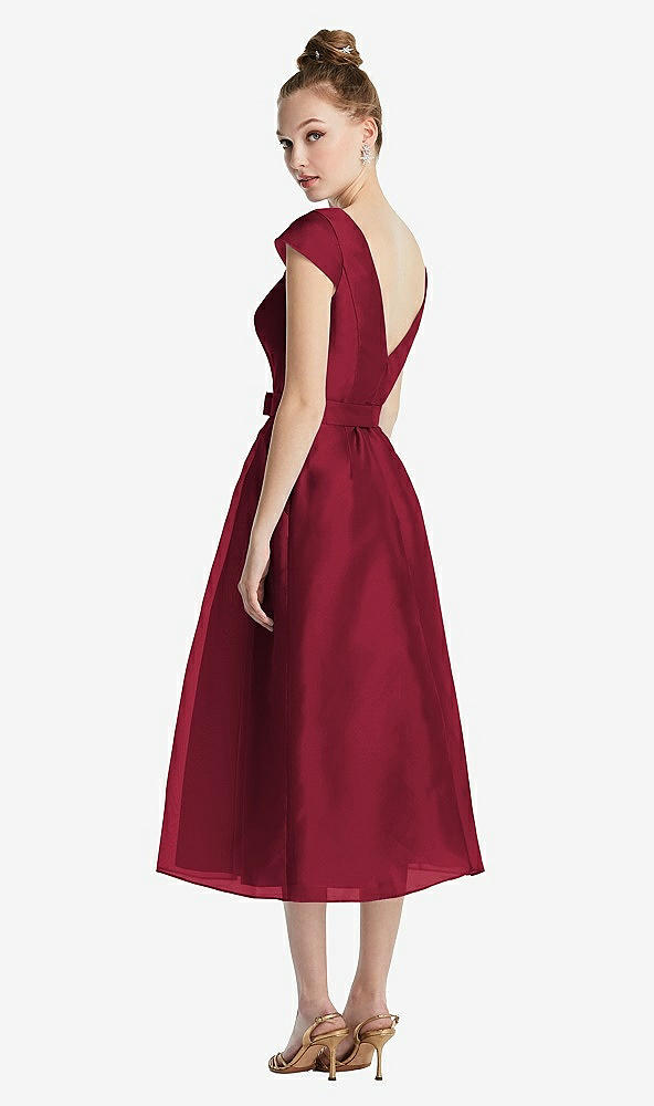 Back View - Burgundy Cap Sleeve Pleated Skirt Midi Dress with Bowed Waist