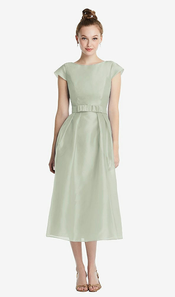 Front View - Celadon Cap Sleeve Pleated Skirt Midi Dress with Bowed Waist