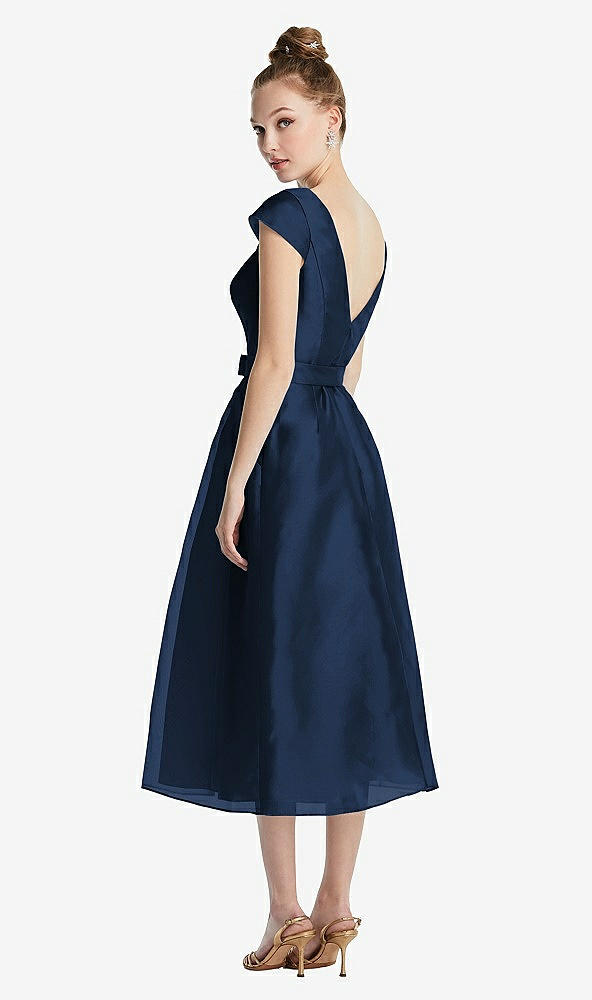 Back View - Midnight Navy Cap Sleeve Pleated Skirt Midi Dress with Bowed Waist
