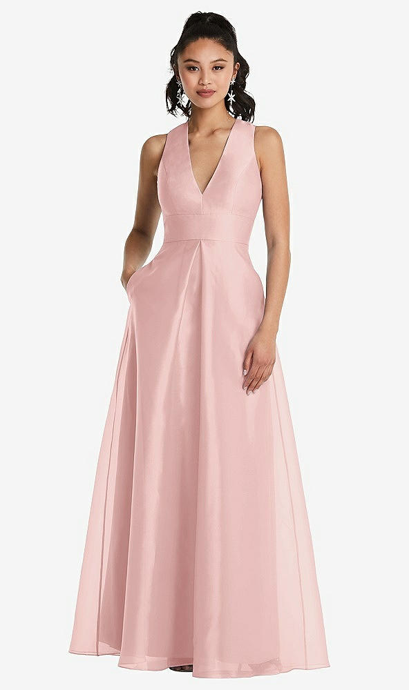Front View - Rose Plunging Neckline Pleated Skirt Maxi Dress with Pockets