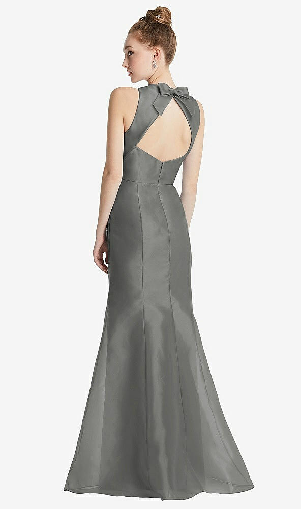 Front View - Charcoal Gray Bateau Neck Open-Back Maxi Dress with Bow Detail