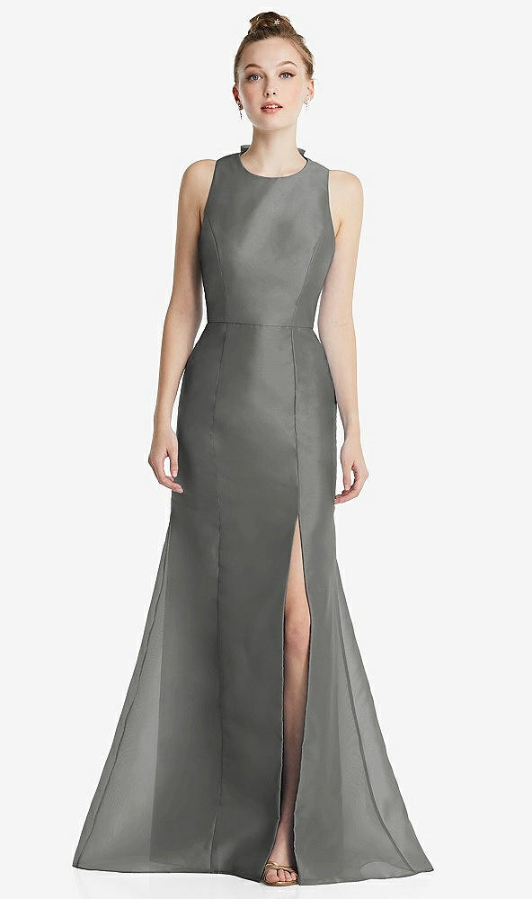 Back View - Charcoal Gray Bateau Neck Open-Back Maxi Dress with Bow Detail