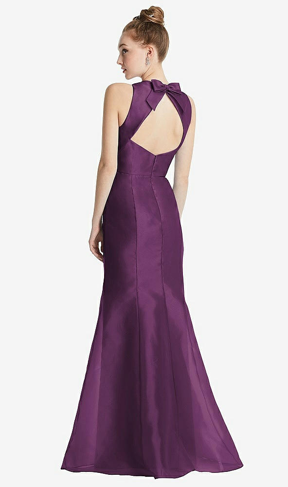Front View - Aubergine Bateau Neck Open-Back Maxi Dress with Bow Detail