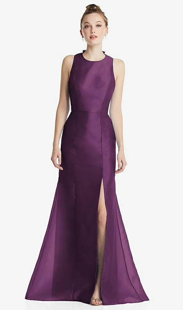 Back View - Aubergine Bateau Neck Open-Back Maxi Dress with Bow Detail