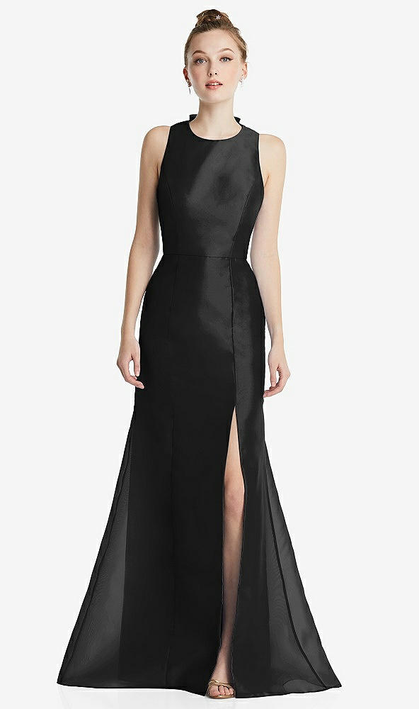Back View - Black Bateau Neck Open-Back Maxi Dress with Bow Detail