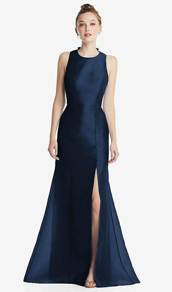 Back View - Midnight Navy Bateau Neck Open-Back Maxi Dress with Bow Detail