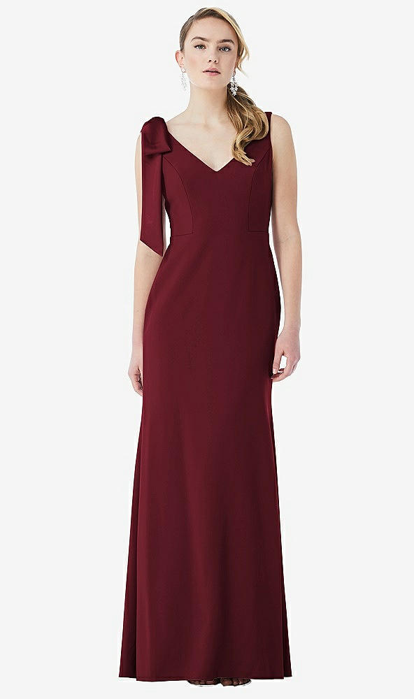 Front View - Cabernet Bow-Shoulder V-Back Trumpet Gown