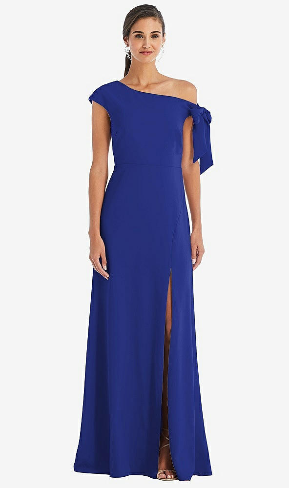 Front View - Cobalt Blue Off-the-Shoulder Tie Detail Maxi Dress with Front Slit