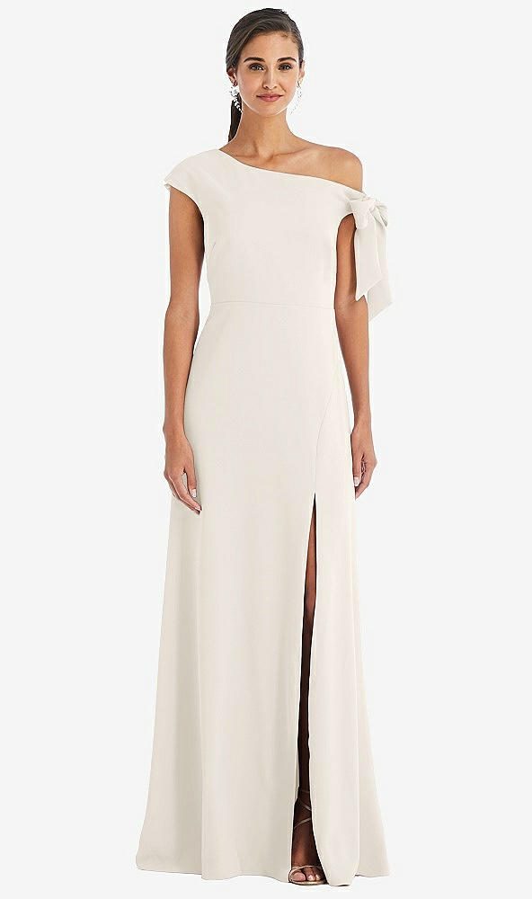 Front View - Ivory Off-the-Shoulder Tie Detail Maxi Dress with Front Slit