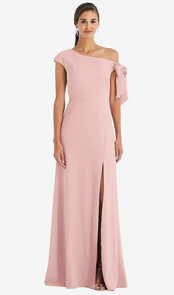 Front View - Rose Off-the-Shoulder Tie Detail Maxi Dress with Front Slit