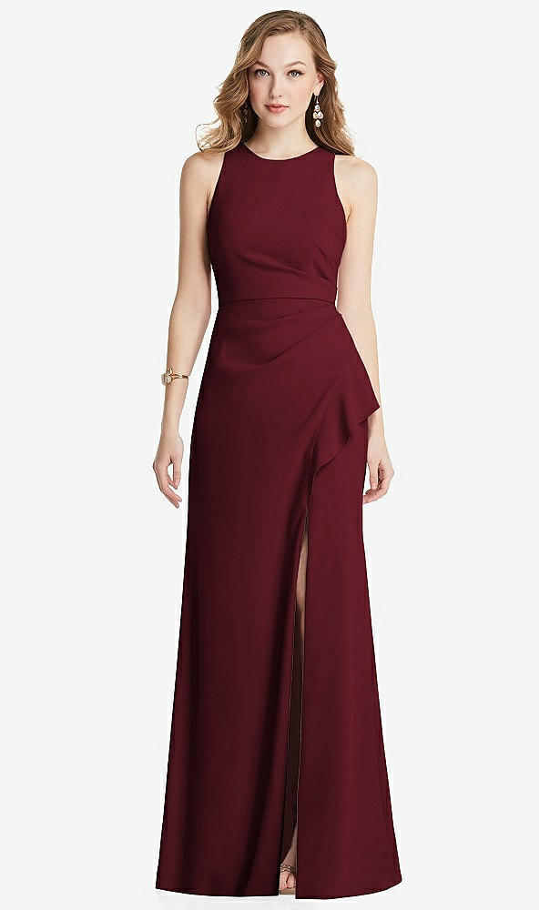 Front View - Cabernet Halter Maxi Dress with Cascade Ruffle Slit